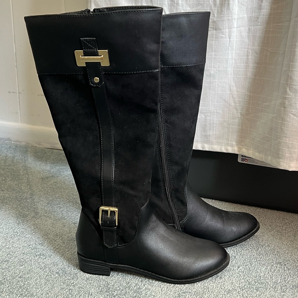 NEW Karen Scott Black Knee High Boots size 6.5 with gold buckle details
